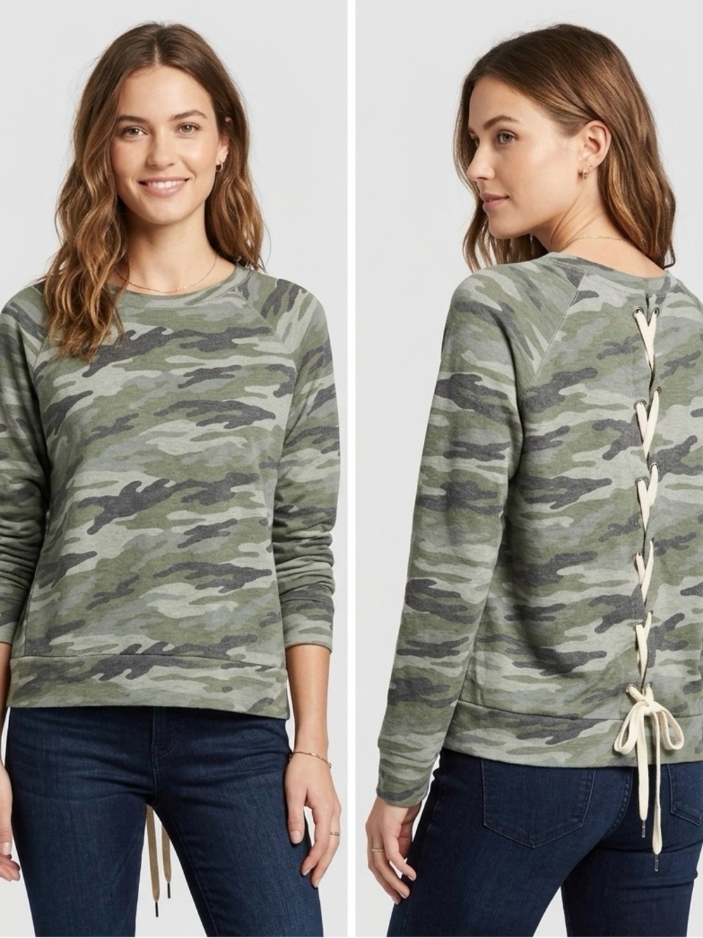 NWT Elan Camo Lace-Up Back Long Sleeve Top Size Small